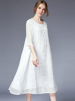 White Silk Embroidered Shift Dress