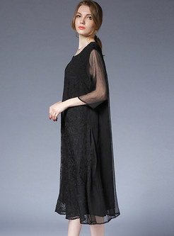 Black Loose Silk Embroidered Shift Dress