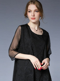 Black Loose Silk Embroidered Shift Dress