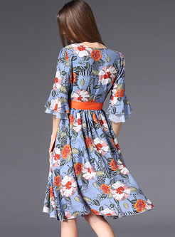 Flower Print Belted Falbala Midi Dress