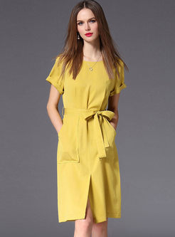 Yellow Slit Belted Short Sleeve Dress