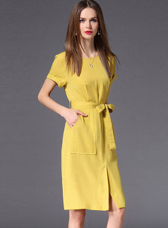 Yellow Slit Belted Short Sleeve Dress