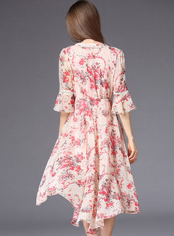 Pink Printing Flare Sleeve Chiffon Dress