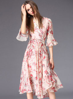 Pink Printing Flare Sleeve Chiffon Dress