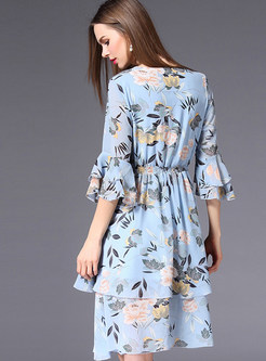 Sweet Flower Print V-neck Chiffon Dress