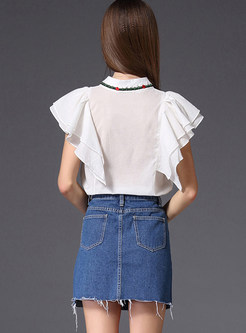 Ruffle Sleeve Embroidered Blouse & Hole High Waist Denim Skirt
