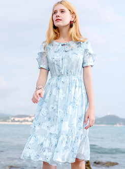 Blue Elegant Short Sleeve Chiffon Dress