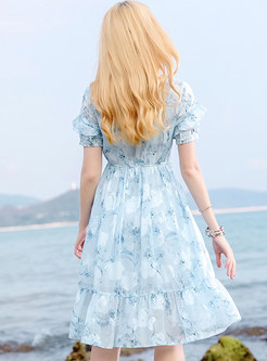 Blue Elegant Short Sleeve Chiffon Dress