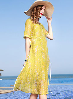 Yellow Casual Stitching Plus Size Dress With Camis