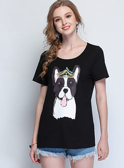 Black Casual Dog Print Plus Size T-shirt 