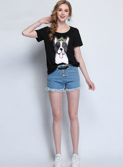 Black Casual Dog Print Plus Size T-shirt 