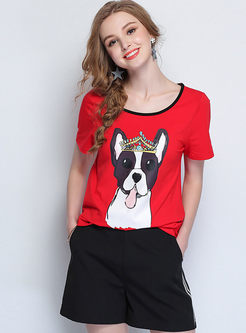 Red Casual Dog Print Plus Size T-Shirt 
