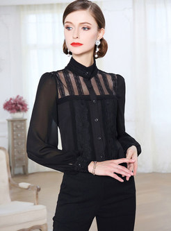 Black Court Stand Collar Blouse
