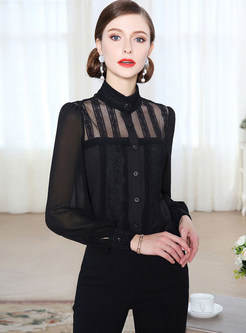 Black Court Stand Collar Blouse
