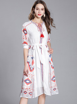 White Geometry Pattern Print Chiffon Dress