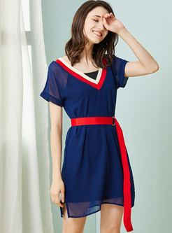 Blue Belted V-neck Chiffon Dress With Underskirt