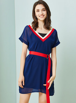 Blue Belted V-neck Chiffon Dress With Underskirt