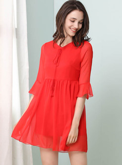 Red Lotus Leaf Sleeve Butterfly Embroidered Dress