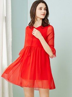Red Lotus Leaf Sleeve Butterfly Embroidered Dress
