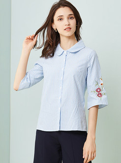 Blue Cute Striped Embroidered Blouse