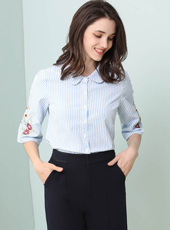 Blue Cute Striped Embroidered Blouse