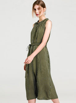 Stylish Striped Belt Sleeveless A Line Dress