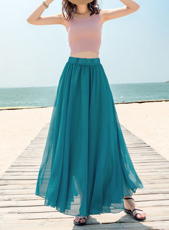 Bohemia Pure Color Elastic Waist A Line Skirt
