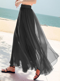 Pure Color Elastic Waist A Line Skirt