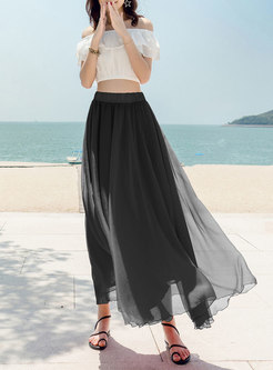 Pure Color Elastic Waist A Line Skirt