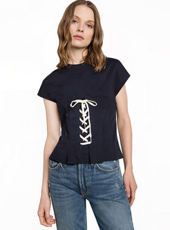 Street Lace-up Bowknot Cotton T-shirt 