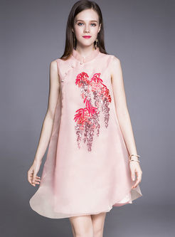 Pink Spangle Stand Collar Babydoll Dress