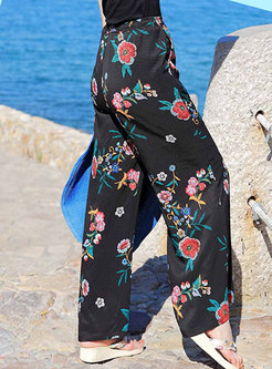 Beach Floral Print Elastic Waist Wide Leg Pants
