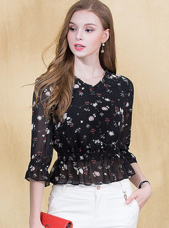 Chiffon Floral Print Waist Single-breasted Blouse