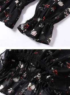 Chiffon Floral Print Waist Single-breasted Blouse