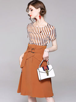 Commuting Striped Top & Stylish High Waist Skirt