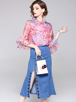Fashion Print Flare Sleeve Top & Denim Split Skirt