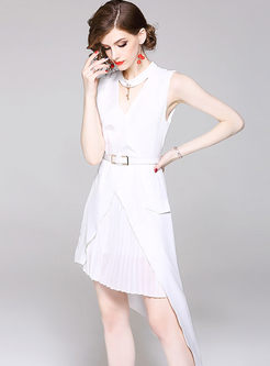 Elegant Asymmetric Pure Color Pleated Dress