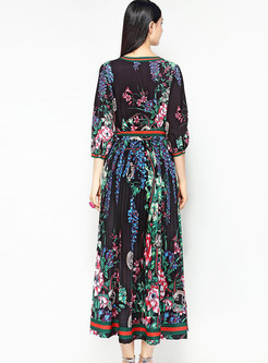Black Flower Print V-neck Maxi Dress