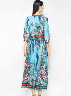 Blue Floral Print Belted Tie Maxi Dress