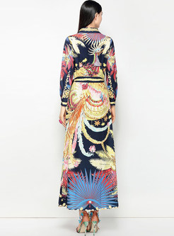 Stylish Print Lapel Belted Maxi Dress