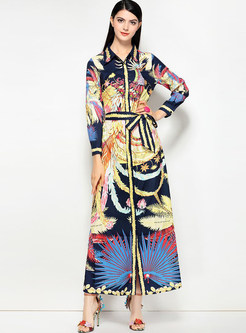 Stylish Print Lapel Belted Maxi Dress