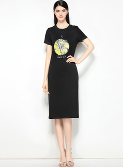 Black Casual Letter Print T-shirt Dress