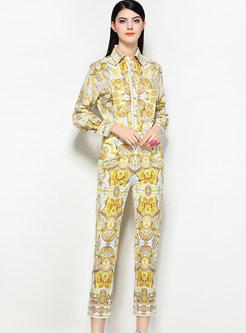Yellow Fashion Lapel Print Two-piece Outfits