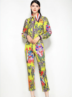 Yellow Lapel Print Slim Two-piece Outfits