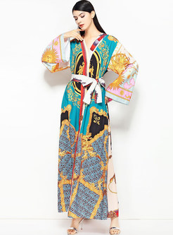 Ethnic Floral Print Flare Sleeve Maxi Dress