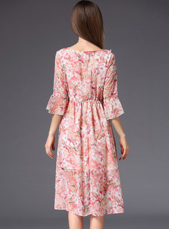 Pink Flare Sleeve Floral Print Midi Dress