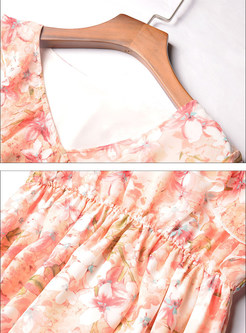 Pink Flare Sleeve Floral Print Midi Dress