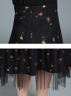 Black Mesh Floral Print Skirt