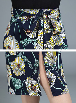 Flower Print Slit Chiffon Bodycon Skirt
