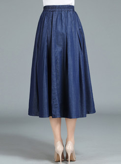 Blue Elastic Waist Denim Skirt